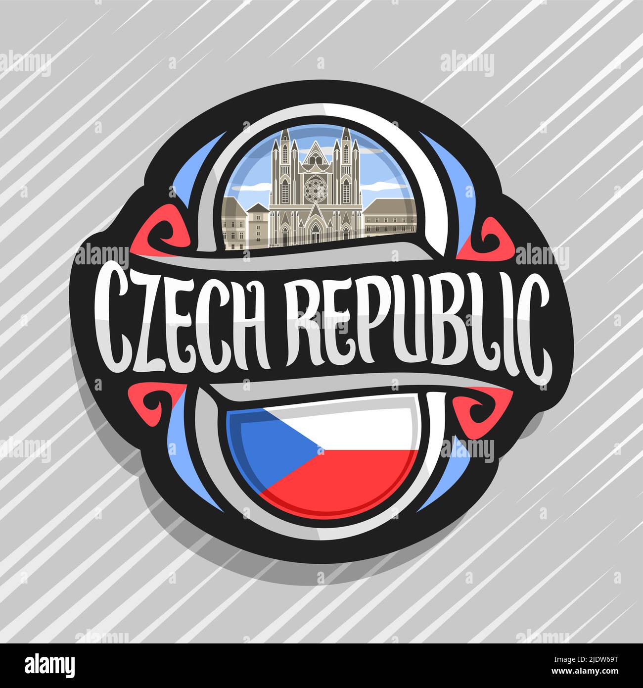 Vector logo for Czech Republic, fridge magnet with czech state flag, original brush typeface for words czech republic and national symbol - St. Vitus Stock Vector