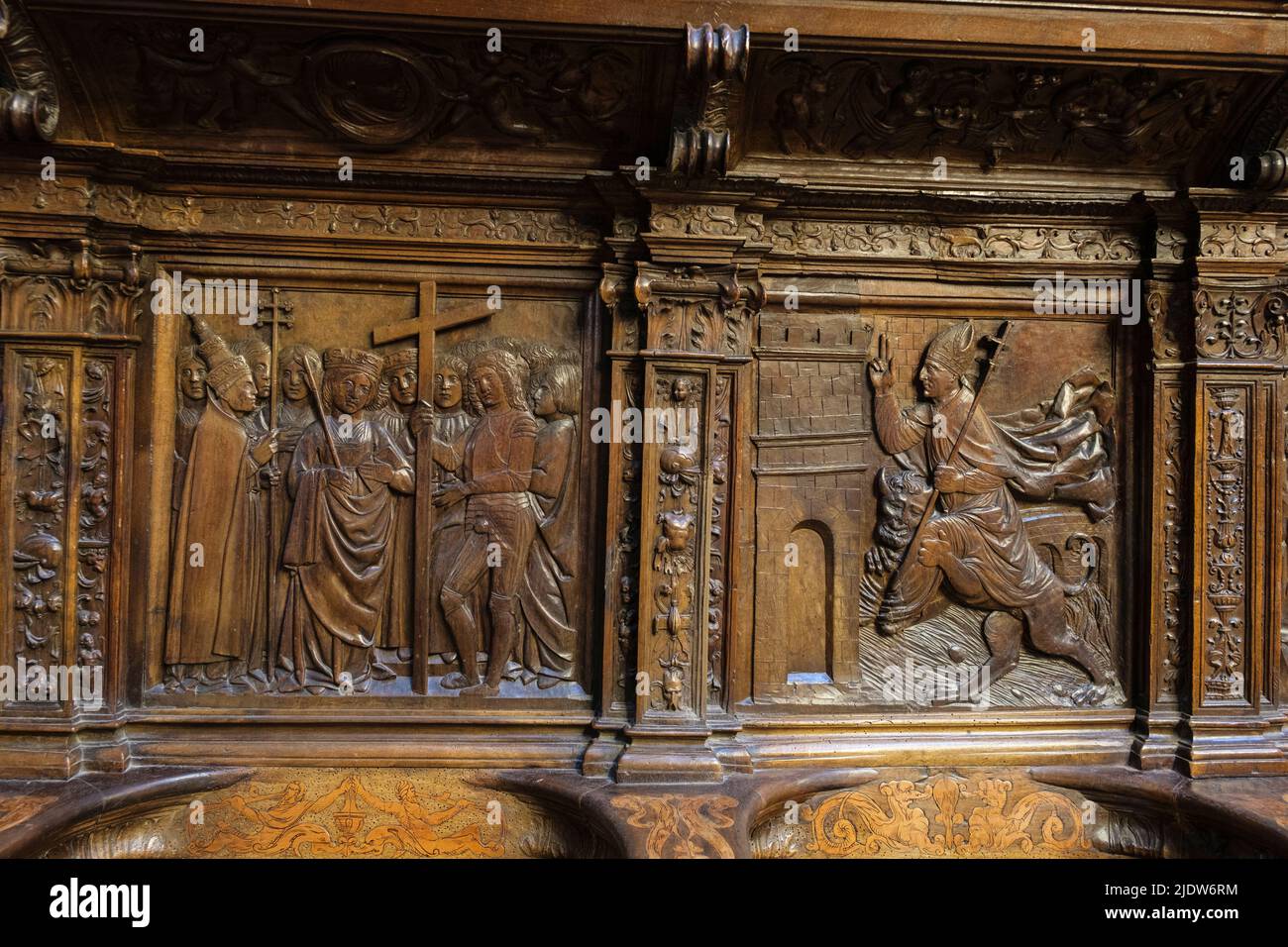 Spain, Burgos. Cathedral of Santa Maria, a World Heritage Site. Carvings on the Choir Stalls. Stock Photo