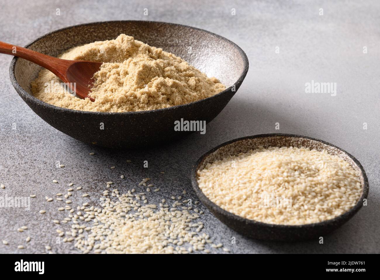 Sesame flour for cooking vegan gluten-free dessert. Stock Photo