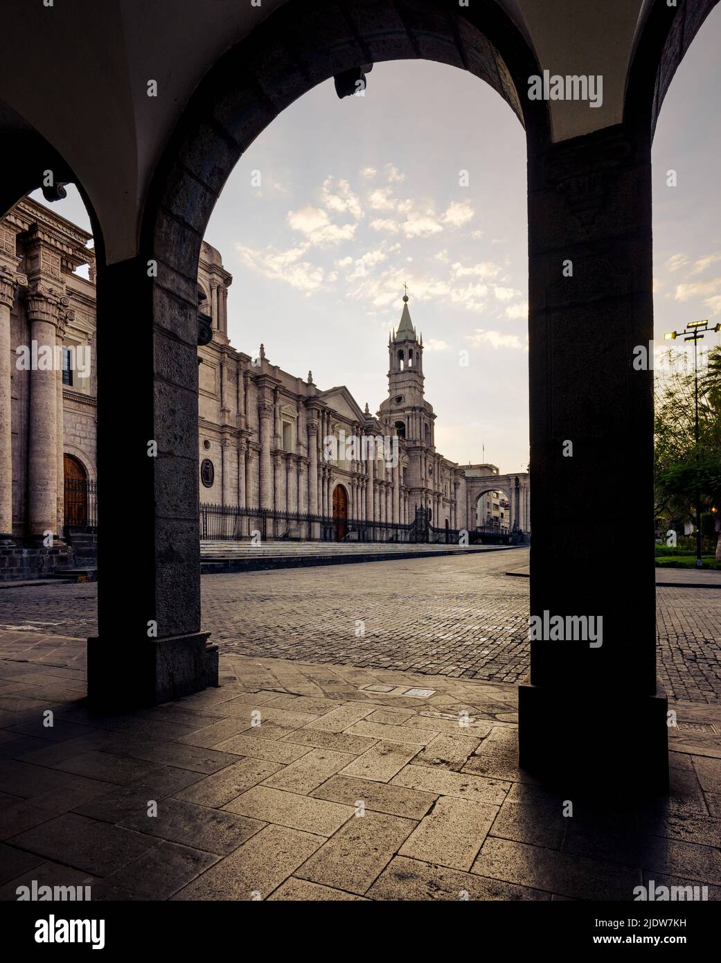 AREQUIPA, PERU - CIRCA SEPTEMBER 2019: The Basilica Cathedral of Arequipa and Plaza de Armas at dusk. Stock Photo