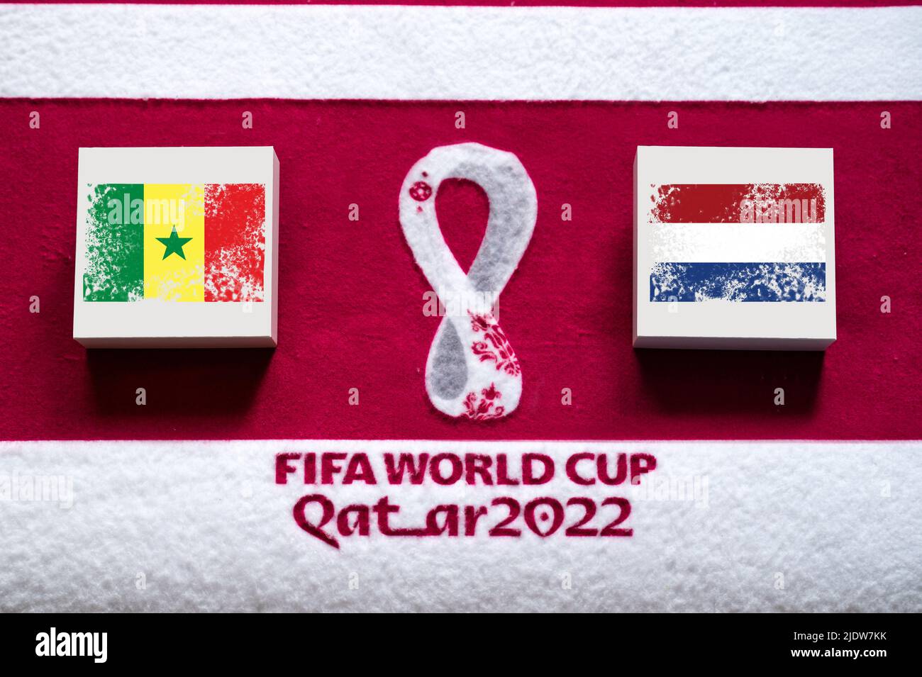 DOHA, QATAR, 3. JULY: Group A: Senegal vs Netherlands, Al Thumama Stadium, Al Khor, FIFA World Cup in Qatar 2022, Football match with national flags, Stock Photo