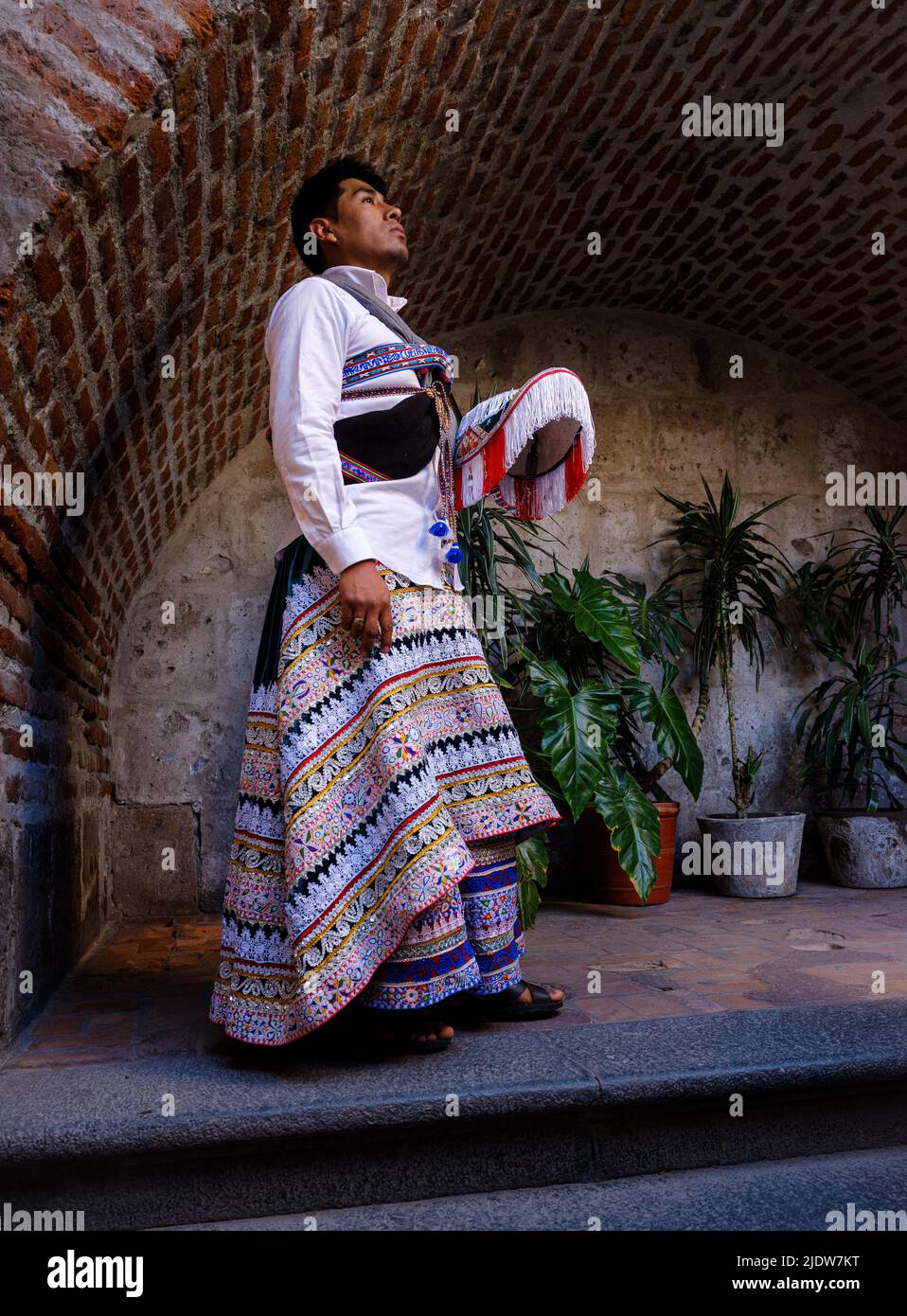 AREQUIPA, PERU - CIRCA SEPTEMBER 2019: Young Peruvian man wearing a typical andean dress. Stock Photo