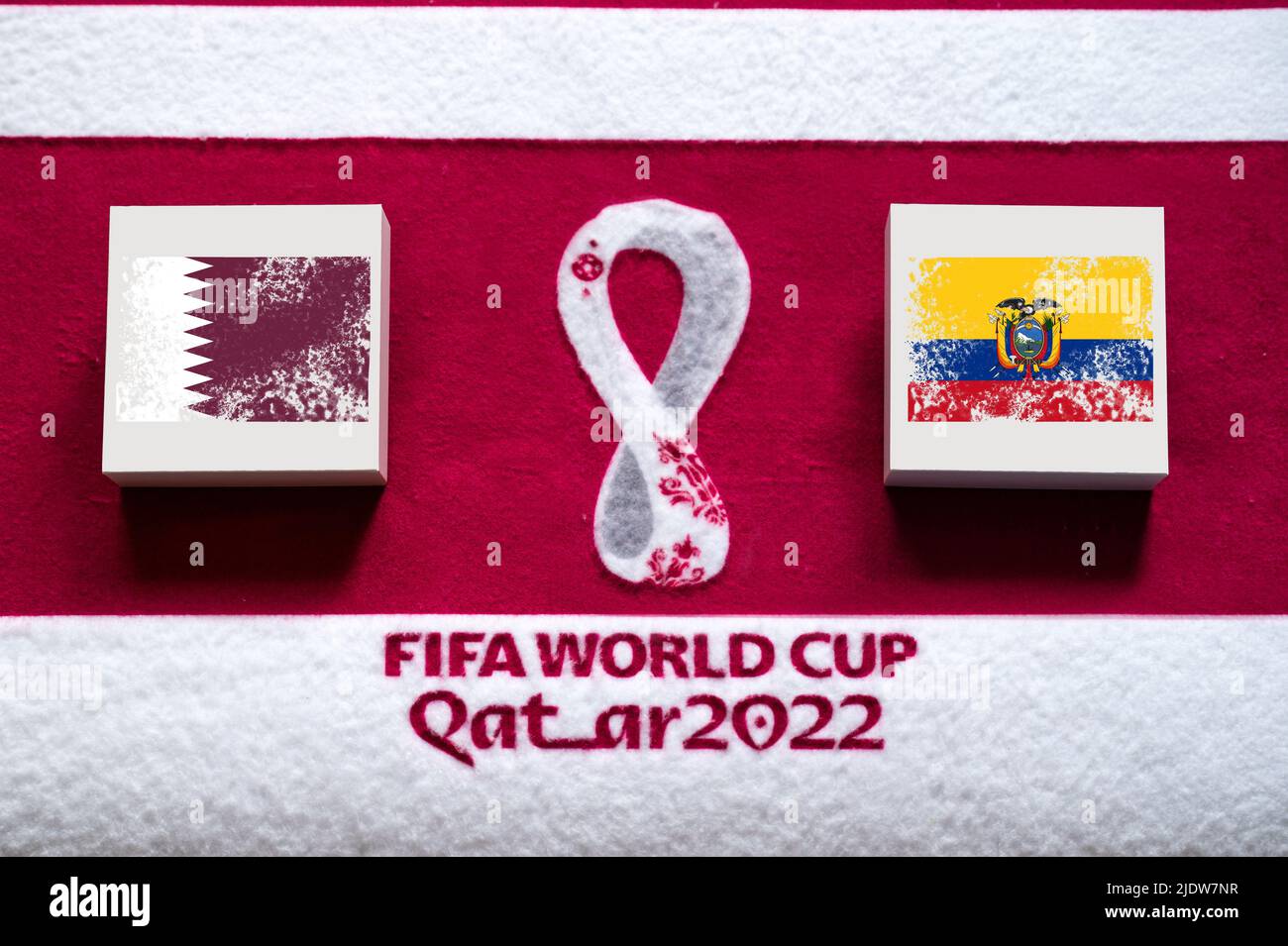 DOHA, QATAR, 3. JULY: Group A: Qatar vs Ecuador, Al Bayt Stadium, Al Khor, FIFA World Cup in Qatar 2022, Football match with national flags, banner wi Stock Photo