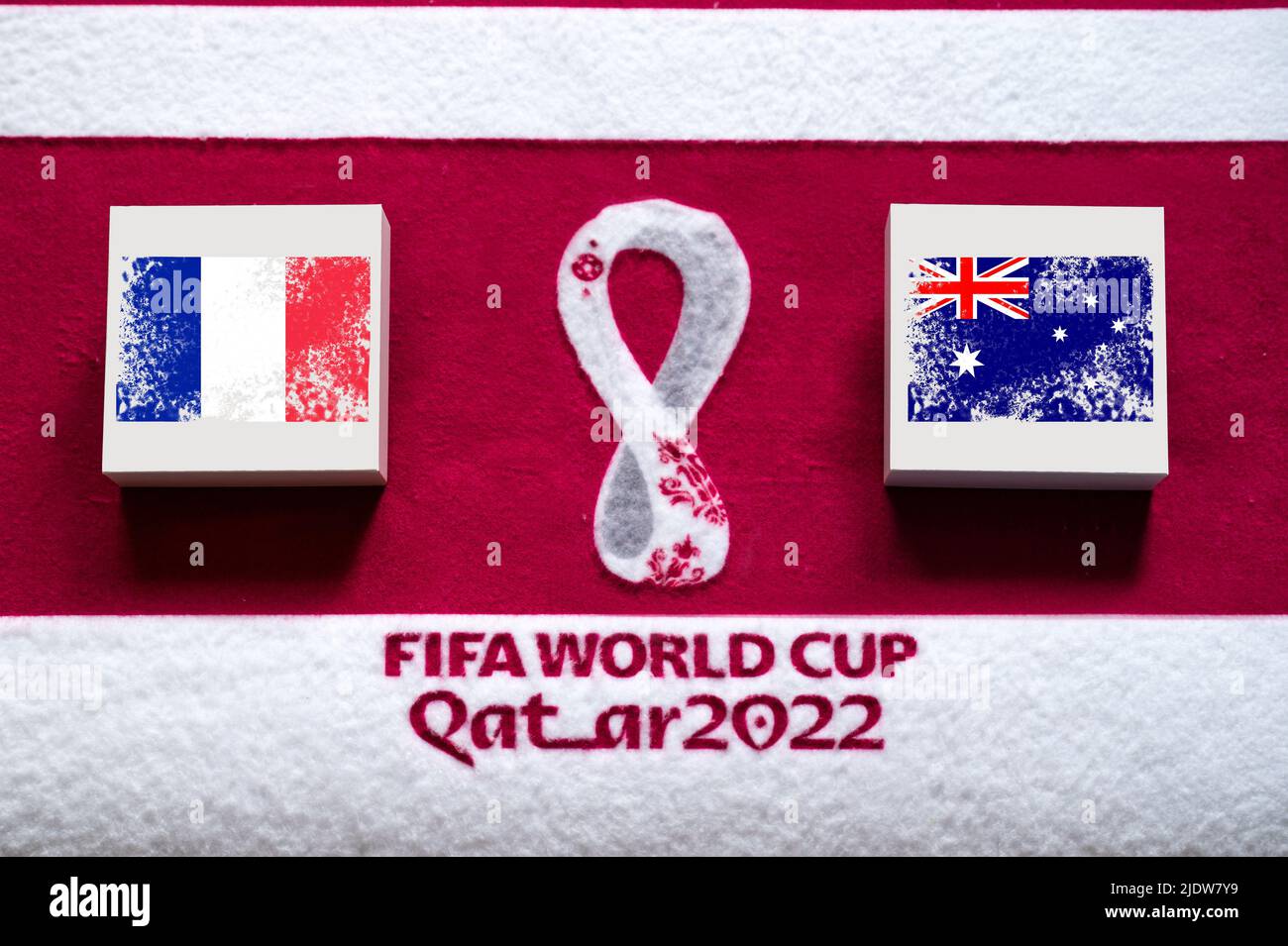 DOHA, QATAR, 3. JULY: Group D: France vs Australia, Al Janoub Stadium, Al Wakrah, FIFA World Cup in Qatar 2022, Football match with national flags, ba Stock Photo