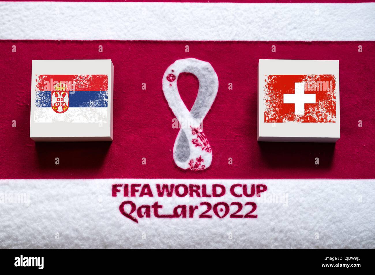 DOHA, QATAR, 3. JULY: Group H: Serbia vs Switzerland, Stadium 974, Doha, FIFA World Cup in Qatar 2022, Football match with national flags, banner with Stock Photo