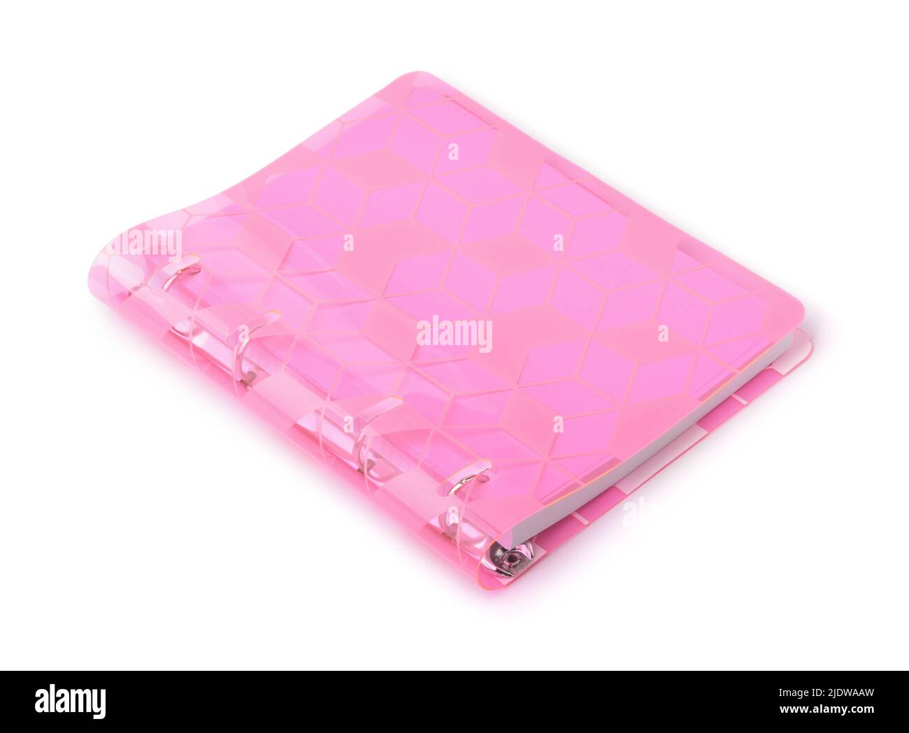 Ring binder notebook with transparent pink plastic cover isolated on