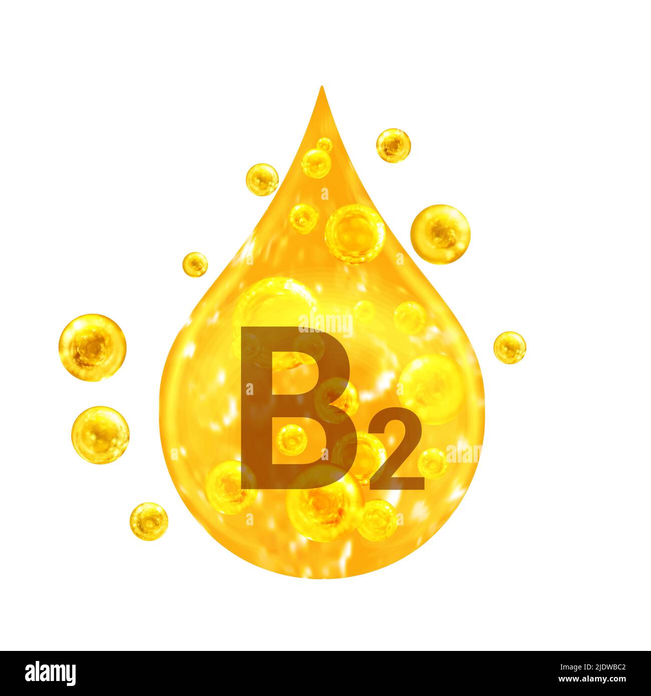 Vitamin B2. Images golden drop and balls with oxygen bubbles. Health