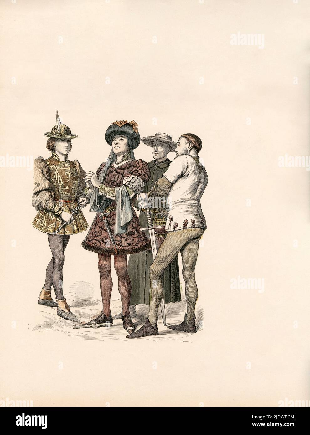 Burgundian Costumes, mid-15th Century, Illustration, The History of Costume, Braun & Schneider, Munich, Germany, 1861-1880 Stock Photo