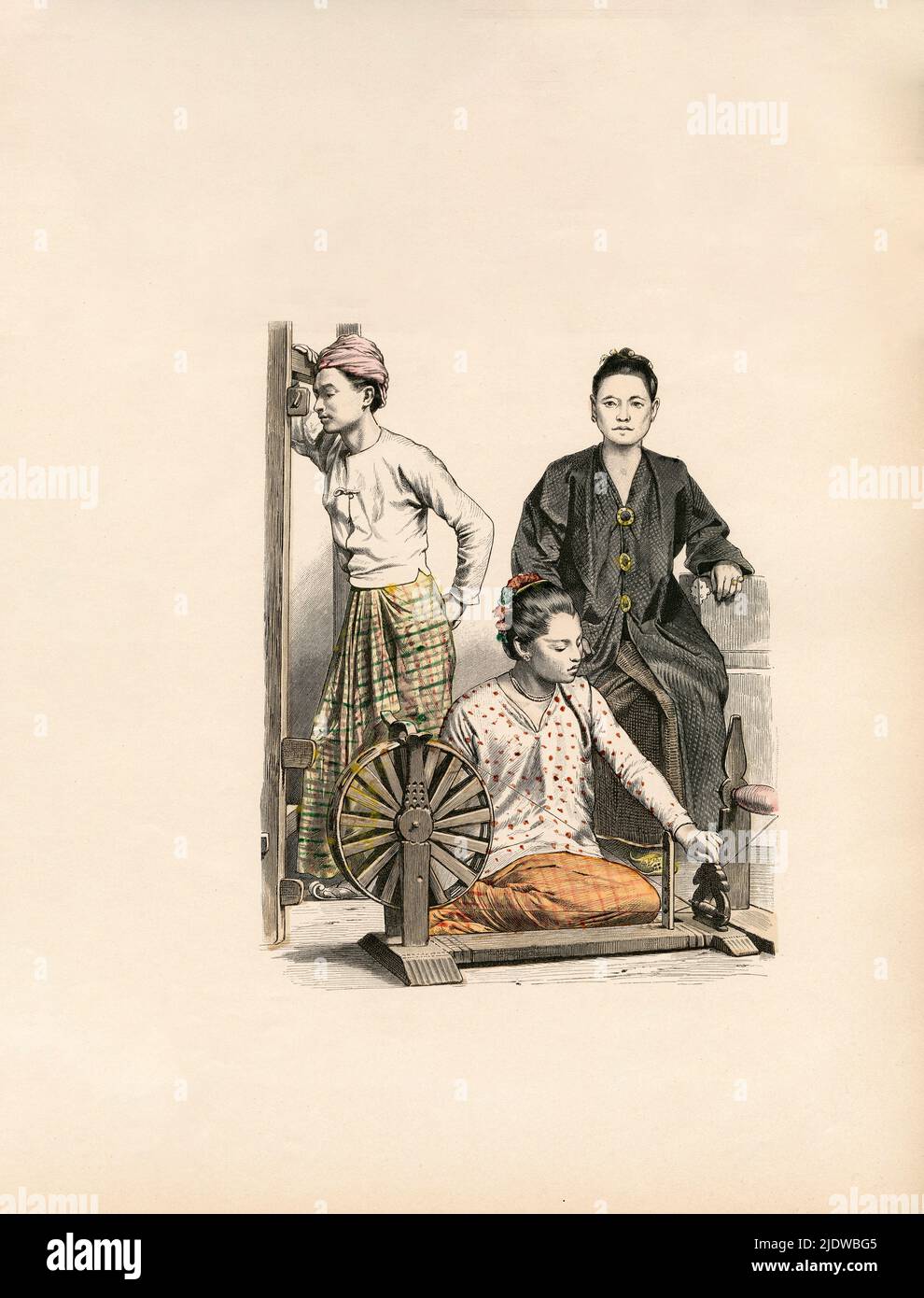 Pu-cho Weavers from Burma, Woman from Ava Former Capital of Burma, late 19th Century, Illustration, The History of Costume, Braun & Schneider, Munich, Germany, 1861-1880 Stock Photo