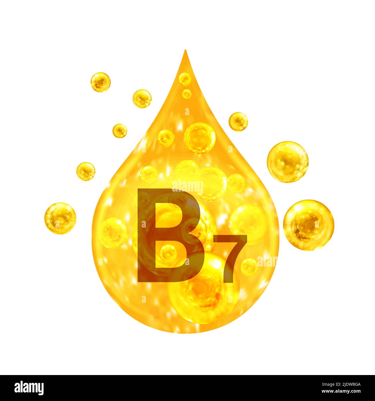 Vitamin B7. Images golden drop and balls with oxygen bubbles. Health