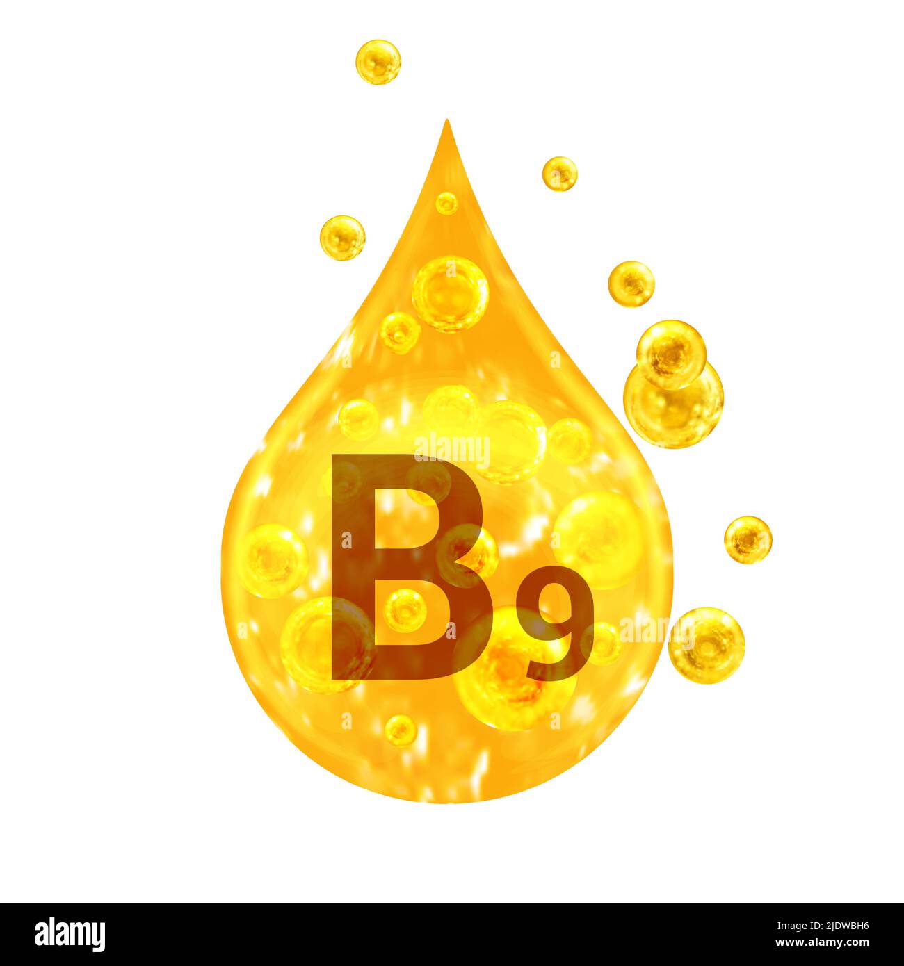 Vitamin B9. Images golden drop and balls with oxygen bubbles. Health