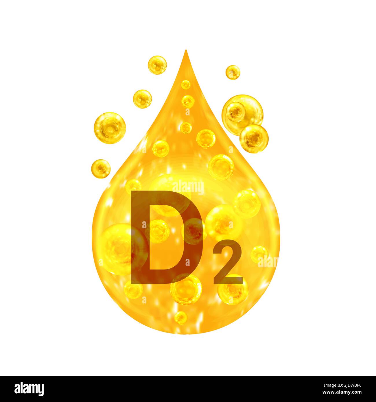 Vitamin D2. Images golden drop and balls with oxygen bubbles. Health concept. Isolated on white