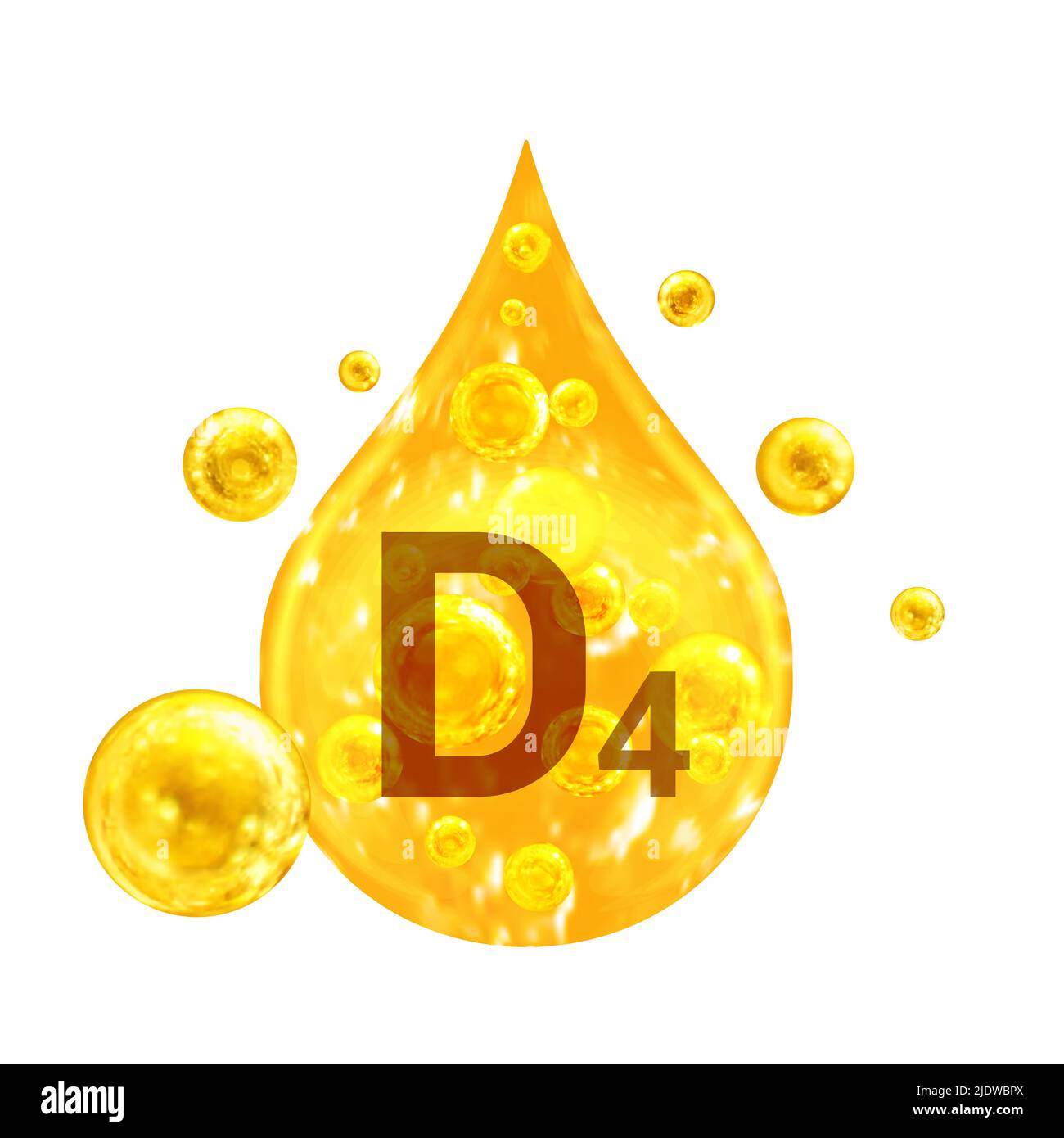 Vitamin D4. Images golden drop and balls with oxygen bubbles. Health