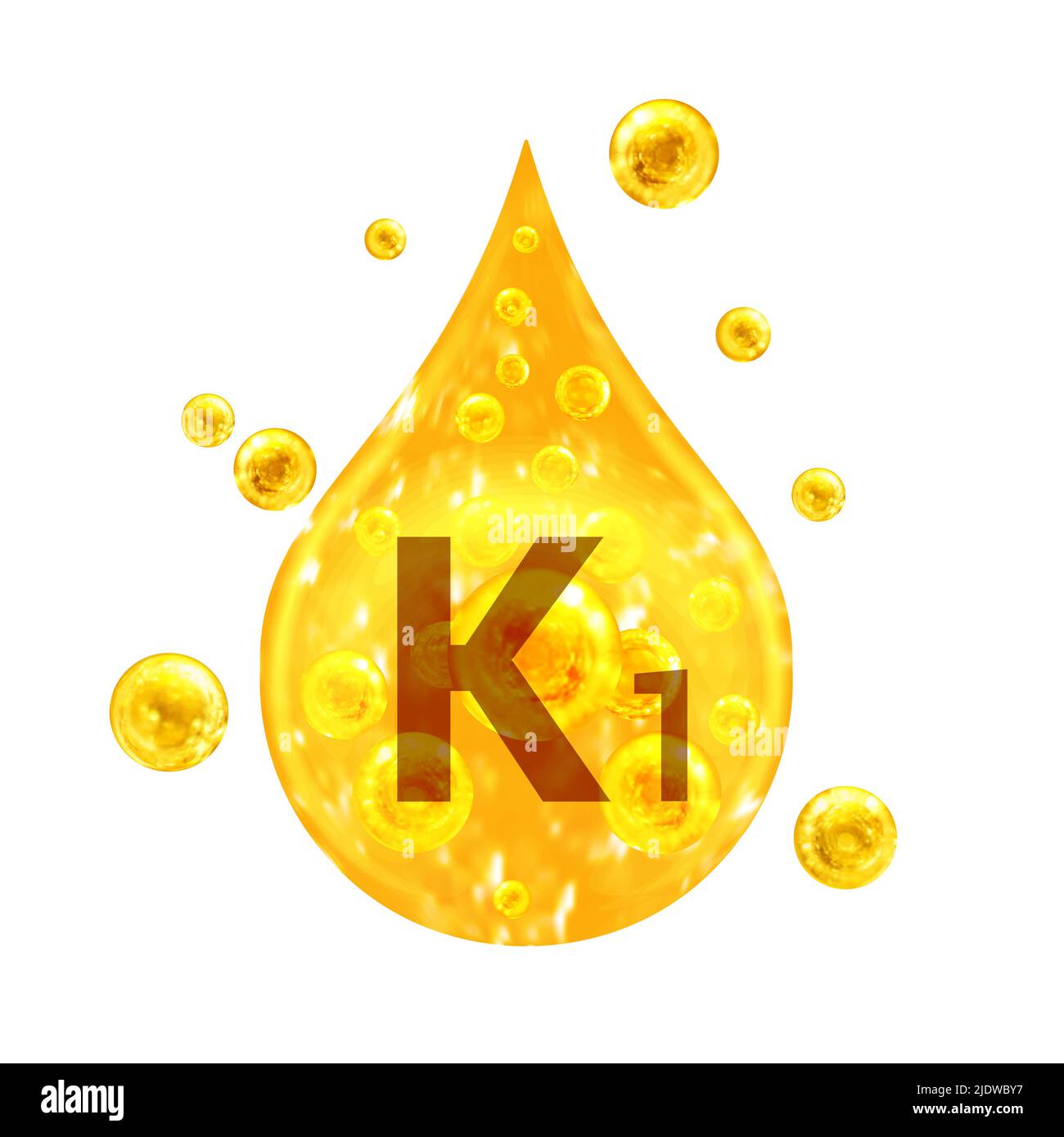 Vitamin K1. Images golden drop and balls with oxygen bubbles. Health