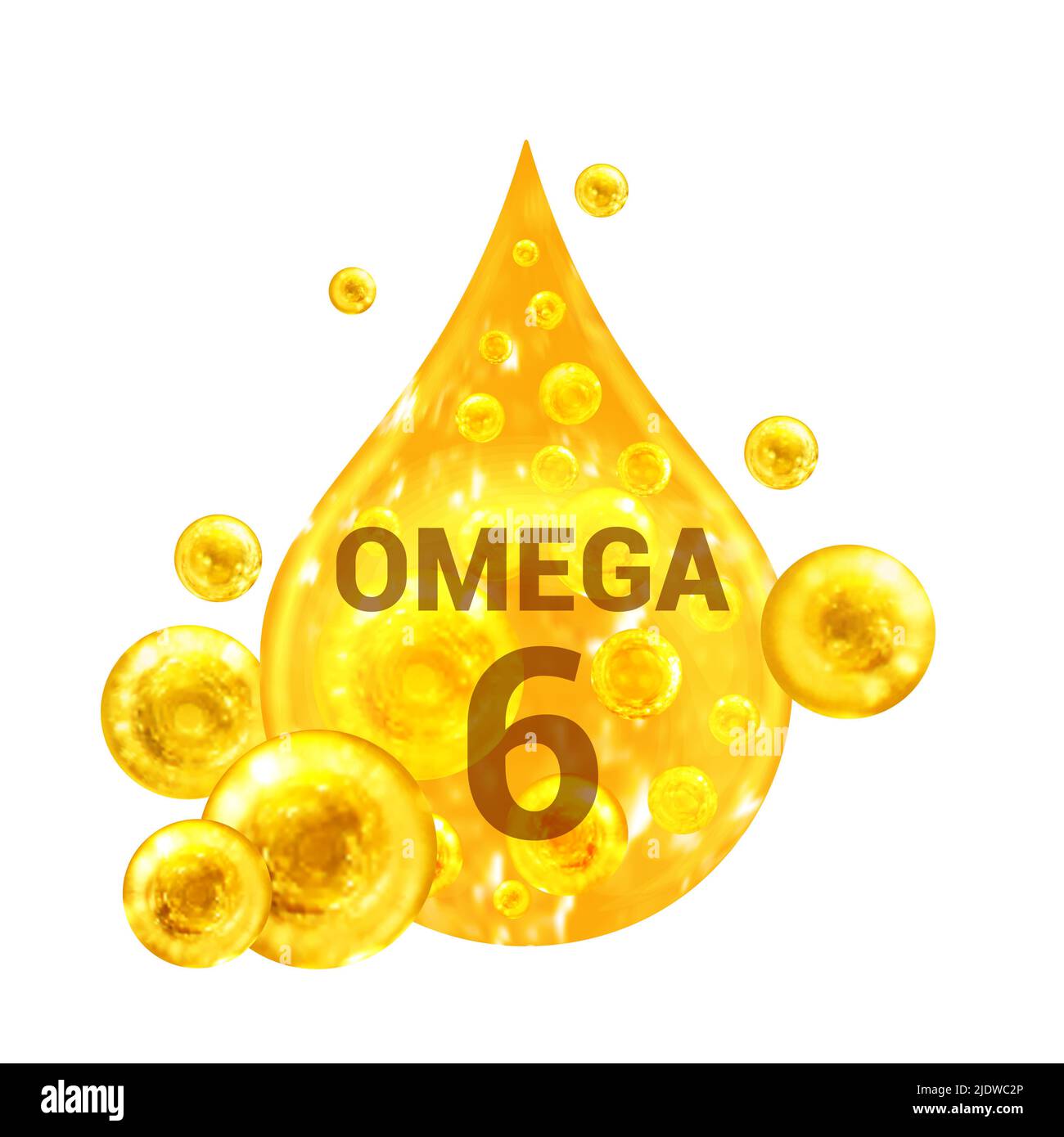 Vitamin OMEGA 6. Images golden drop and balls with oxygen bubbles. Health concept. Isolated on white background Stock Photo