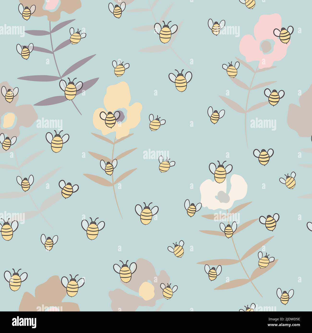 Seamless pattern with bees on floral background. Small wasp. Vector ...