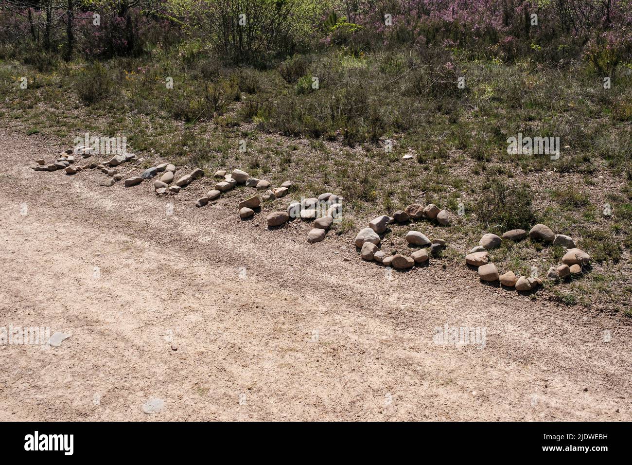 Spain, Camino de Santiago. "Santiago" Spelled in Stones along the Trail, Oca Mountains, en route to San Juan de Ortega. Stock Photo