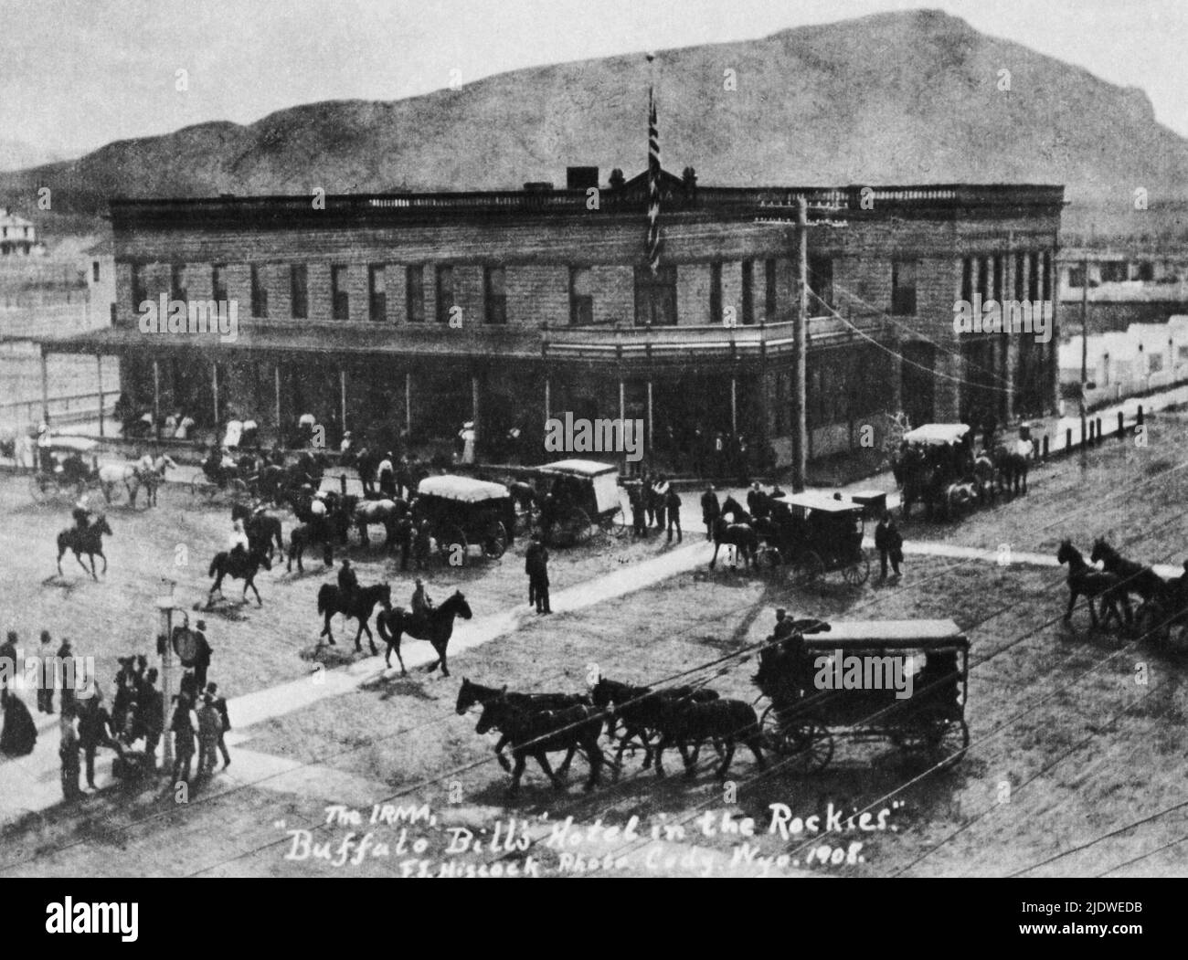 1902 , Cody , Wyoming , USA  : Colonel William Frederick CODY , know as  BUFFALO BILL ( 1846 -1917  ) built the Hotel Irma ( Irma was the name of her daughter ) after his fortune with Barnum Circus and the Wild West Show  - Epopea del Selvaggio WEST - cowboy - cow-boy -     ----  Archivio GBB Stock Photo