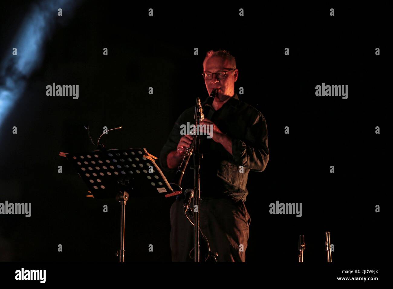 June 22, 2022, Rome, Italy: On the stage of the review of ''Venere in Musica'' this evening two major exponents of Mediterranean Folk performed: the Sicilian Alfio Antico with the sounds and colors of Sicily and following Stefano Saletti and the Ikona band with their traditional music of various Arab blends, Balkans and more at the Colosseum Archaeological Park. (Credit Image: © Daniela Franceschelli/Pacific Press via ZUMA Press Wire) Stock Photo