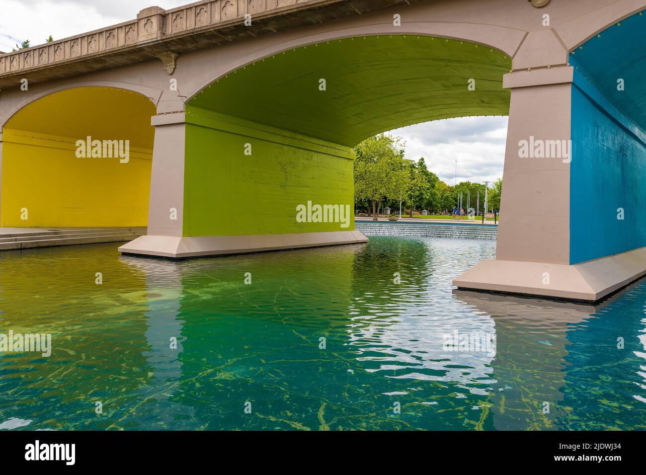 Knoxville,Tennessee, USA - May 28, 2022:  The rainbow colors of the Clinch Avenue bridge celebrates the 40th anniversay of World Fair park downtown Kn Stock Photo