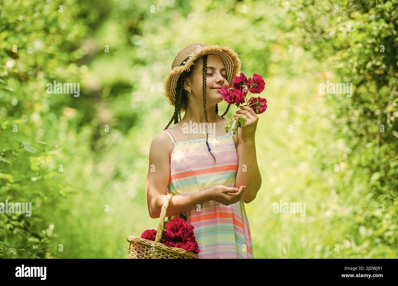 Gather Roses nice smell. spring kid fashion. girl with rose flowers. green nature ...