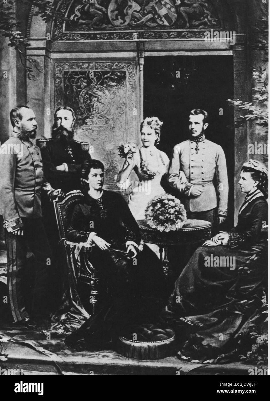 1880  , Wien , Austria   : The  official engagement picture of Crown Prince RUDOLF of AUSTRIA ( 1850 - Mayerling 1889 )  and Princesse  STEPHANIE of BELGIUM ( 1864 - 1945 ). In the picture the parents of husband  : the  austrian  Empress Elisabeth of HABSBURG   ( SISSI von Wittelsbach  , 1937 - 1898 ) and Kaiser Franz Josef ( 1830 - 1916 ) , Emperor of Austria , King of Hungary and Bohemia .  And the parents of future wife : the King  LEOPOLD II of Belgium ( 1835 - 1909 ) and Archduchess MARIE HENRIETTE of AUSTRIA ( 1836 - 1902 )  - FRANCESCO GIUSEPPE - JOSEPH - ABSBURG - ASBURG - ASBURGO - NO Stock Photo