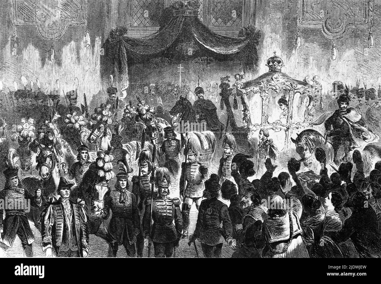1866 , Budapest , Hungary    : The celebrated austrian  Empress Elisabeth of HABSBURG   ( SISSI von Wittelsbach  , 1937 - 1898 )  arrive in Budapest for negotiations with Hungary over a settlement know as the AUSGLEICH . The day 8 june 1867 SIISI was crowned Queen of Hungary and Kaiser Franz Josef King of Hungary  ( 1830 - 1916 ) , Emperor of Austria , King of Hungary and Bohemia .  - FRANCESCO GIUSEPPE - JOSEPH - ABSBURG - ASBURG - ASBURGO - NOBILITY - NOBILI - NOBILTA' - REALI  - HASBURG - ROYALTY - ELISABETTA DI BAVIERA  - UNGHERIA - carrozza   ----  Archivio GBB Stock Photo