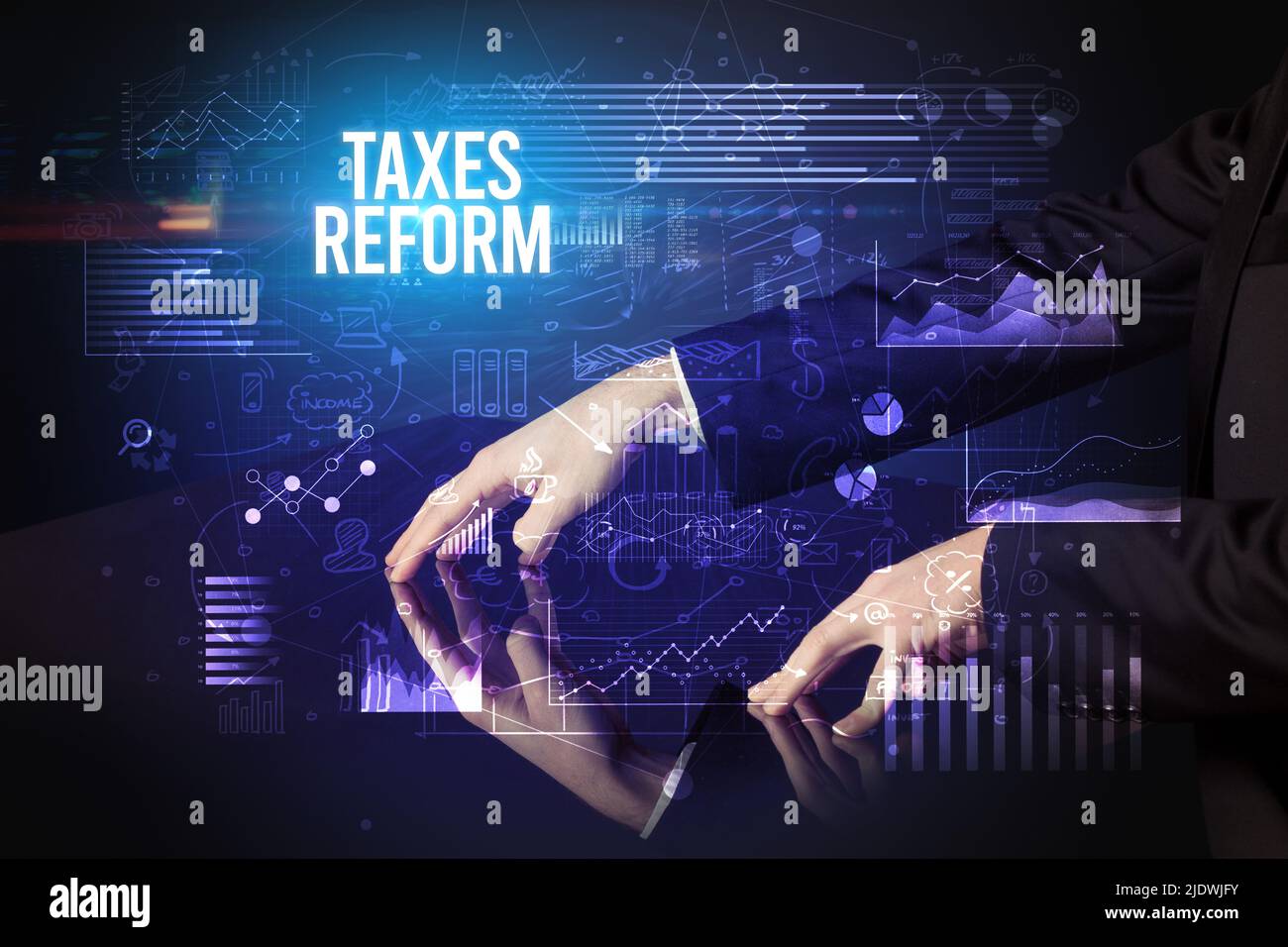 Businessman touching huge screen concept Stock Photo