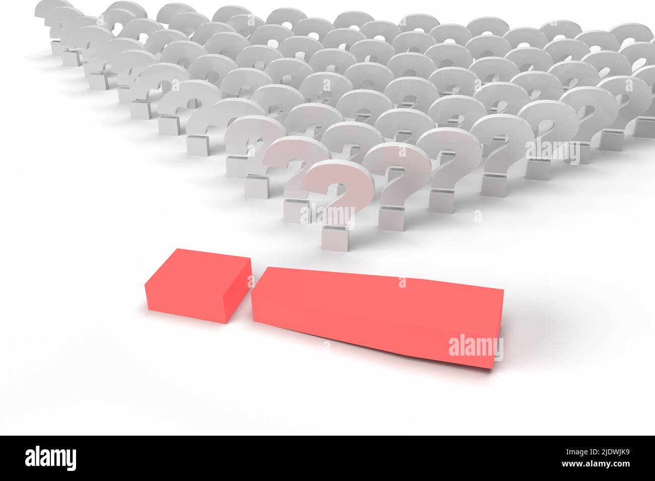 A red exclamation mark lies next to a lot of question marks Stock Photo