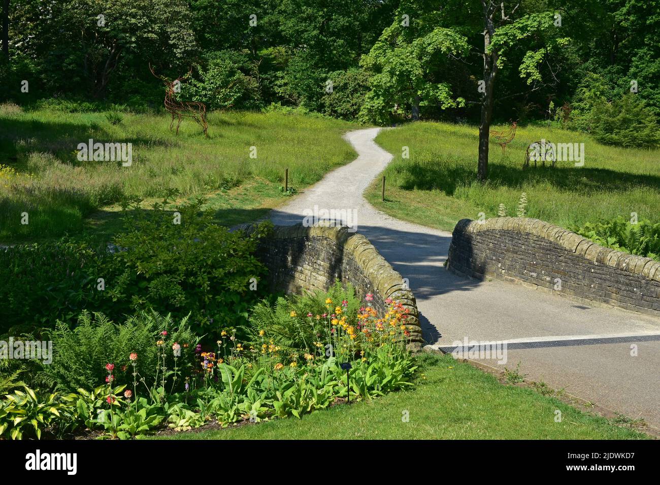 RHS Harlow Carr Gardens, stone bridge, Harrogate, North Yorkshire Stock Photo