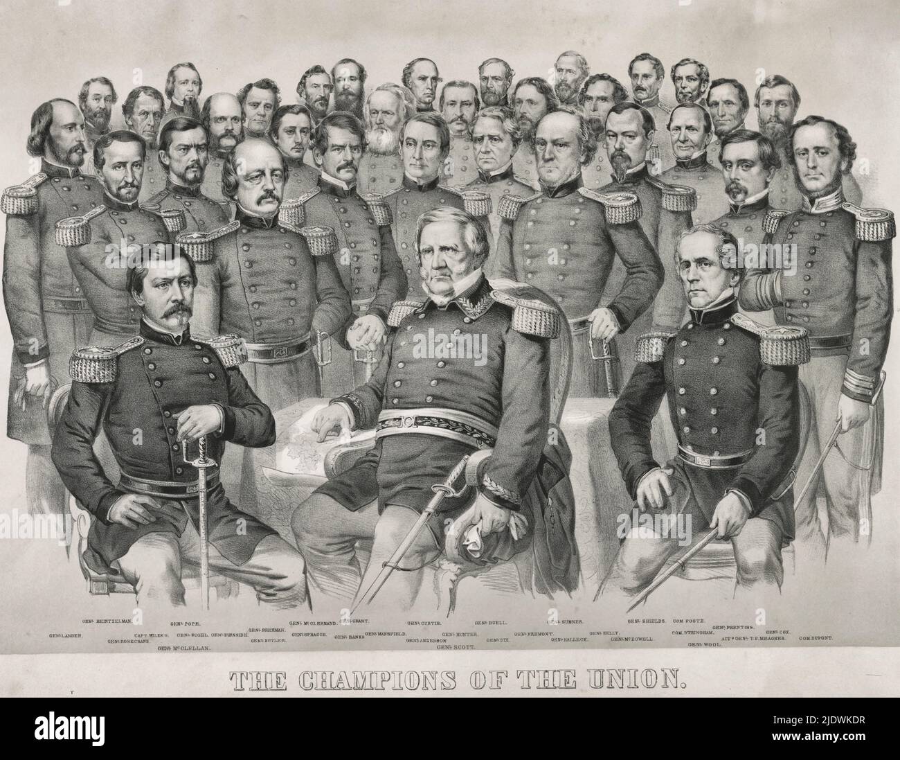 The champions of the Union. Print is a group portrait of Union Army generals and Navy commanders; caption identifies each man:  Genl. Heintzelman, Genl. Pope, Genl. Sherman [Thomas W.], Genl. McClernand, Genl. Grant, Genl. Curtis, , Genl. Buell, Genl. Sumner, Genl. Shields, Com. Foote, Genl. Lander, Capt. Wilkes, Genl. Sigel, Genl. Burnside, Genl. Sprague, Genl. Mansfield, Genl. Hunter, Genl. Fremont, Genl. Kelly, Com. Stringham, Genl. Prentiss, Genl. Cox, Genl. Rosecrans, Genl. Butler, Genl. Banks, Genl. Anderson, Genl. Dix, Genl. Halleck, Genl. McDowell, Act. Genl. T. F. Meagher, Com. Dupont Stock Photo