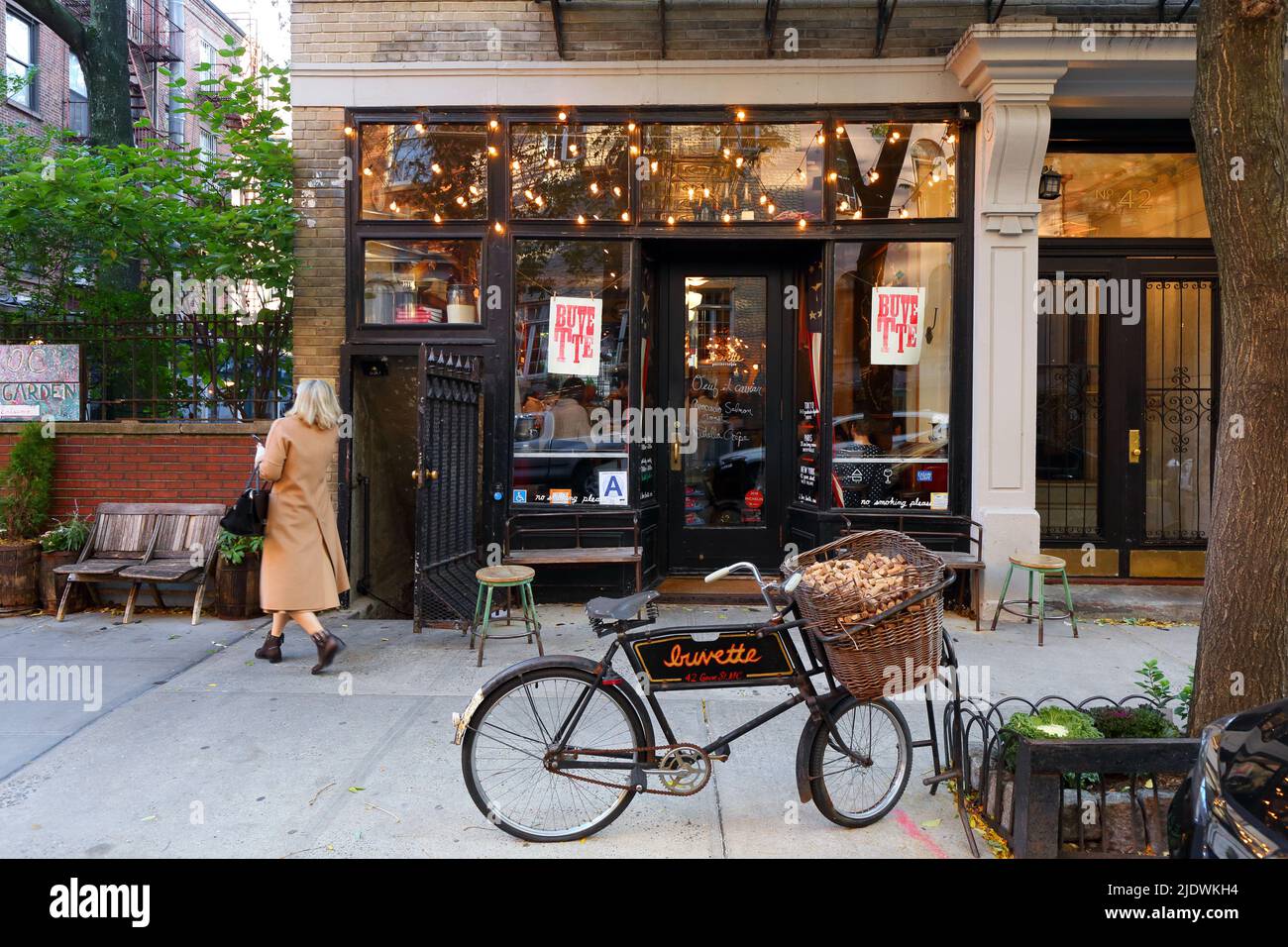 Buvette, 42 Grove Street; New York; NY.  exterior storefront of a French restaurant, wine bar in the West Village neighborhood of Manhattan. Stock Photo