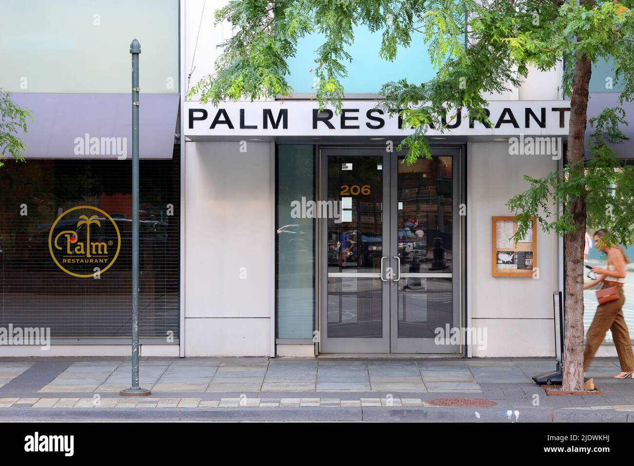 The Palm, 206 West St, New York, NY. exterior storefront of a steakhouse chain restaurant in the Tribeca neighborhood in Manhattan. Stock Photo