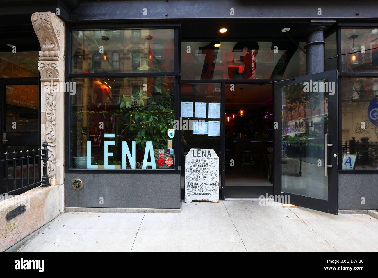 Lena, 137 Eldridge St, New York, NY. exterior storefront of a French  wine and cocktail bar in the Lower East Side neighborhood in Manhattan. Stock Photo