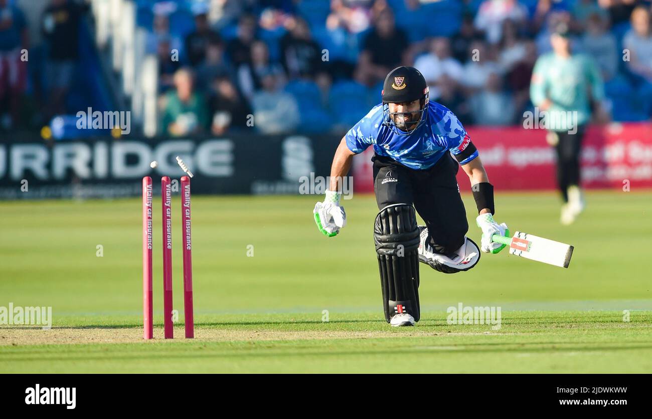 Hove UK 23rd June 2022 - Mohammad Rizwan of Sussex Sharks is run out for 48 runs during the T20 Vitality Blast  match  between Sussex Sharks and Surrey at the 1st Central County Ground Hove . : Credit Simon Dack / Alamy Live News Stock Photo
