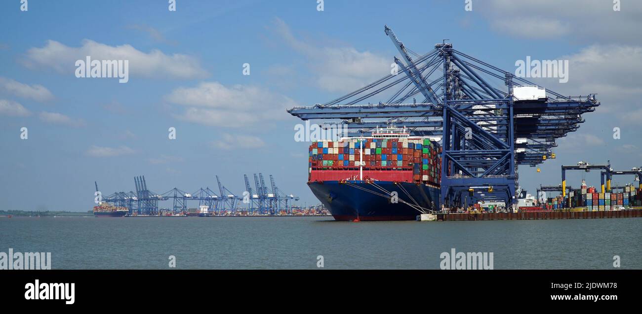 Container ship being loaded and unloaded at Felixstowe docks suffolk  England. Stock Photo