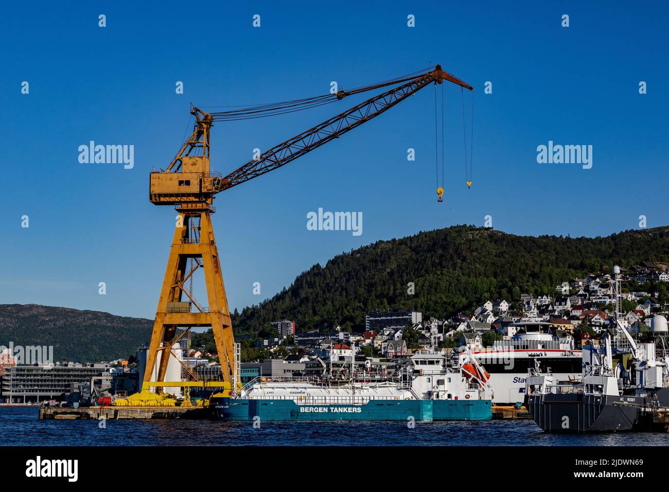 Tanker vessel Bergen LNG at the old BMV shipyard at Laksevaag, near port of Bergen, Norway. Stock Photo