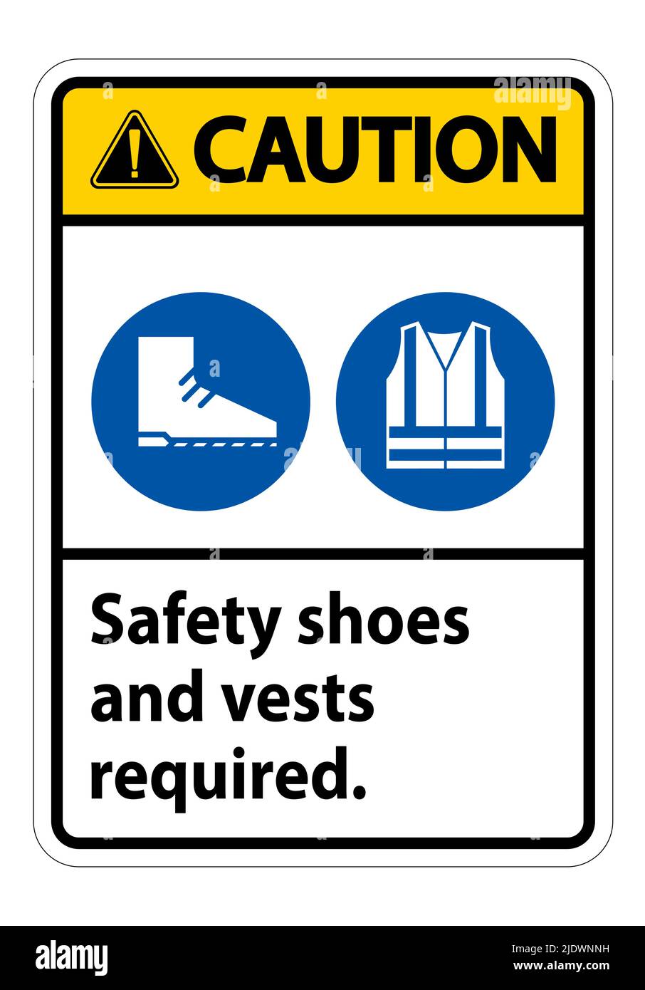 Caution Sign Safety Shoes And Vest Required With PPE Symbols on white
