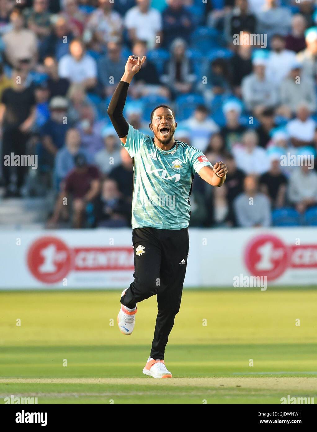 Hove UK 23rd June 2022 -  Chris Jordan the Surrey captain appeals unsuccessfully for a decision during the T20 Vitality Blast  match  between Sussex Sharks and Surrey at the 1st Central County Ground Hove . : Credit Simon Dack / Alamy Live News Stock Photo