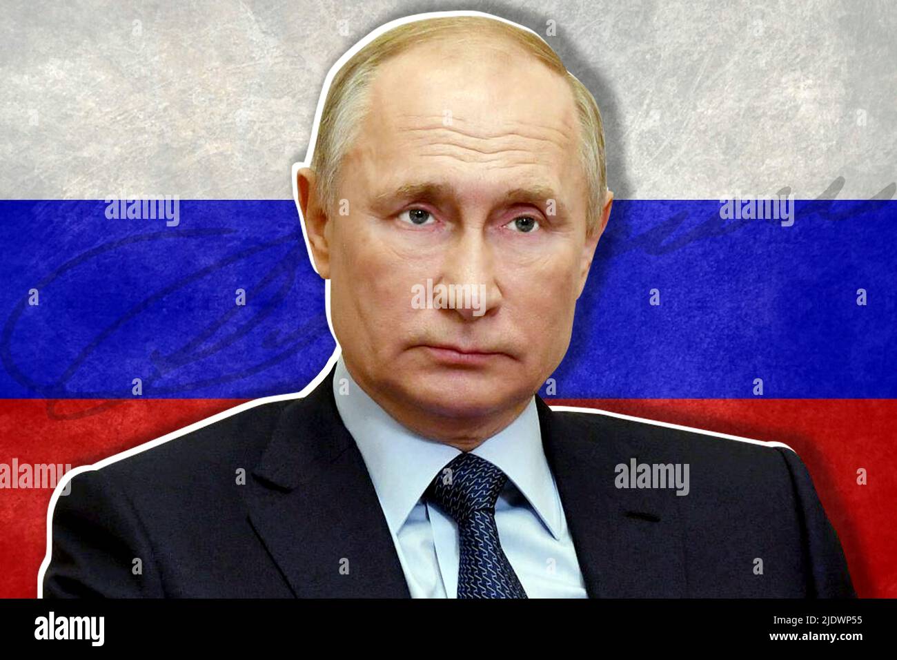 Vladimir Putin, Russia flag and signature Stock Photo