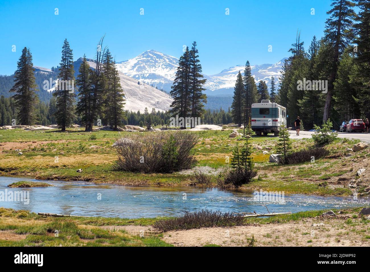 Camper caravan parked amidst Sierra Nevada mountain range in Yosemite ...