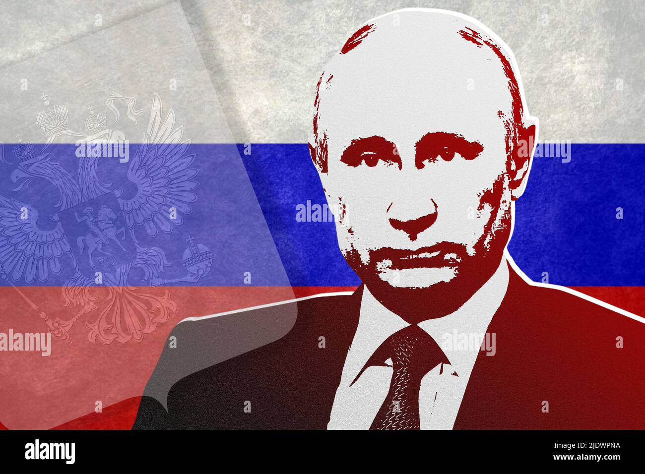 Vladimir Putin, Russia flag and coat of arms Stock Photo