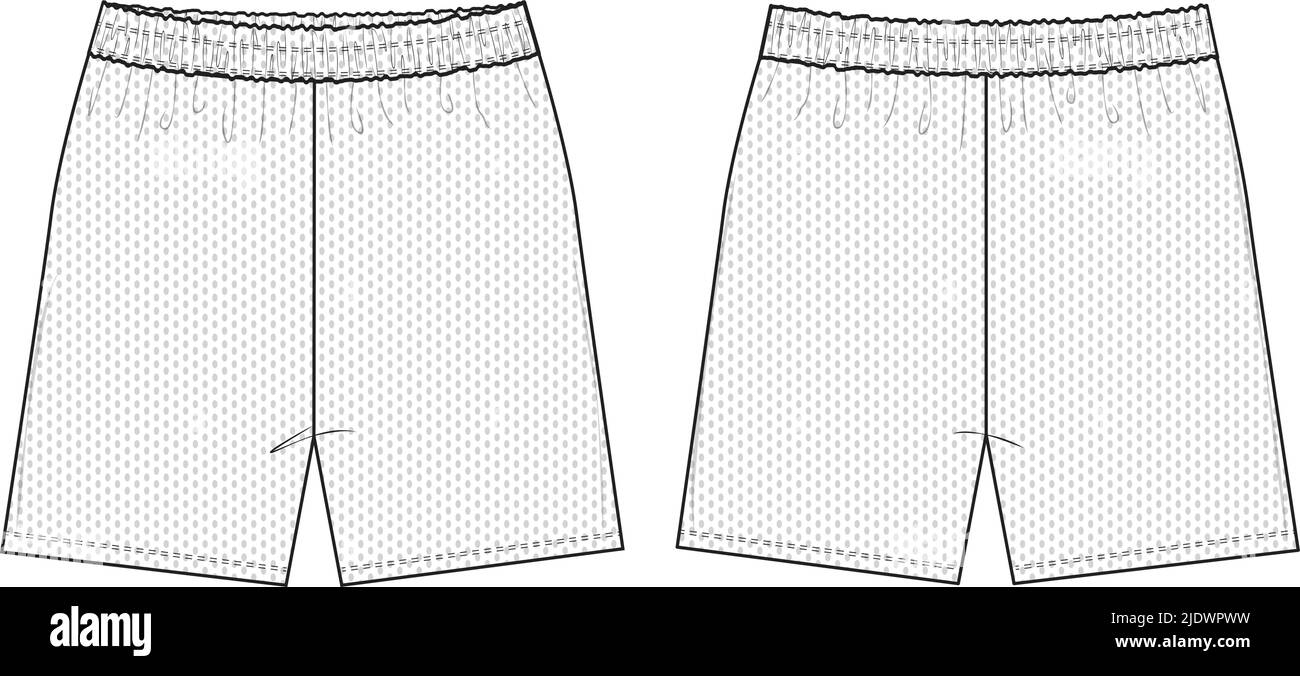 Mesh Shorts Flat Technical Drawing Illustration Blank Streetwear Mock-up Template for Design and Tech Packs CAD Unisex Athletic Basketball Stock Vector