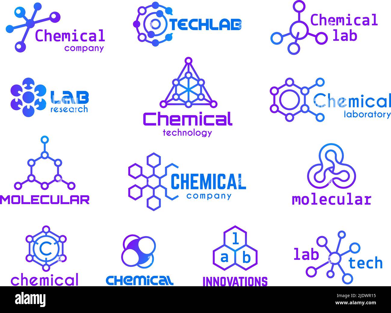 Chemistry badges. Hexagon molecules logo, molecule structure icons for chemical industry. Business innovation technology, biomolecular tidy vector Stock Vector
