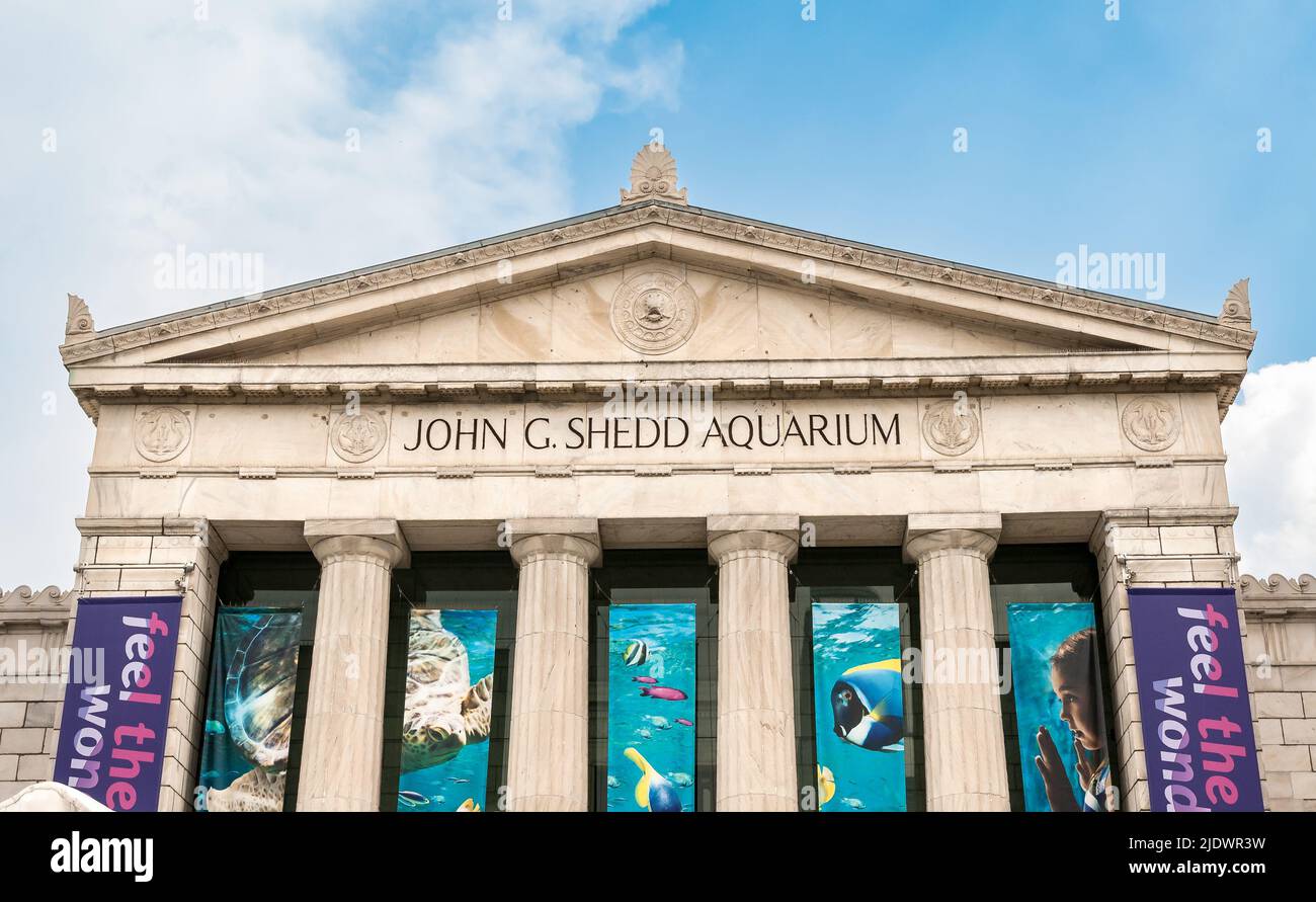 Chicago, Illinois, USA - August 25, 2014: Facade of the Shedd Aquarium building, is an indoor public aquarium, located on Lake Michigan, Stock Photo