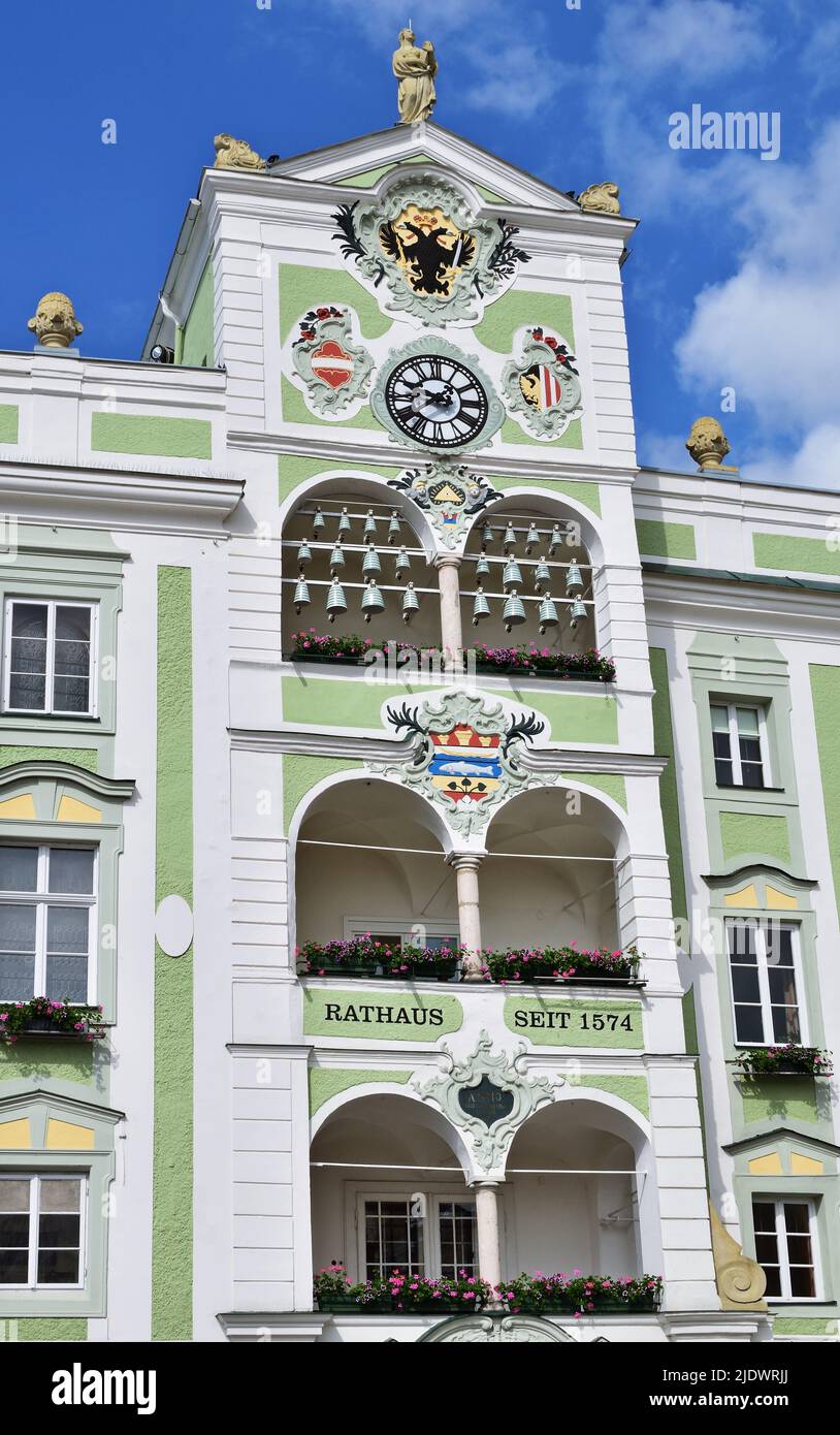 Old Town Hall of Gmunden, Austria, vertical on a sunny day Stock Photo