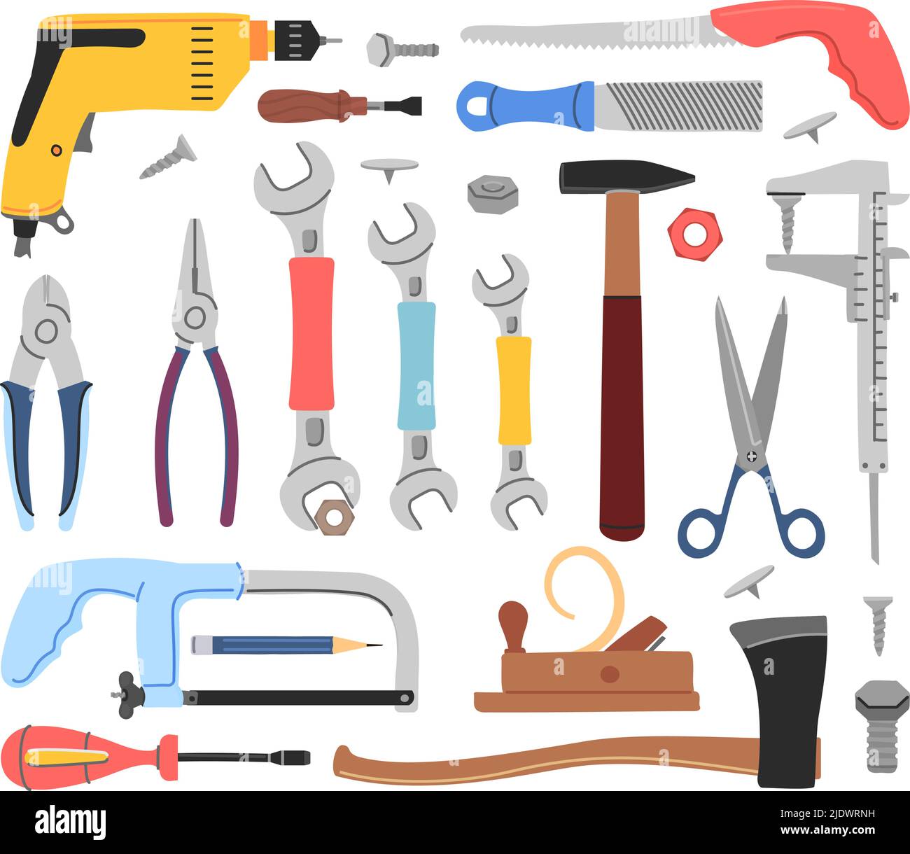 Construction building tools. Home repair tooling, wrenches and screws