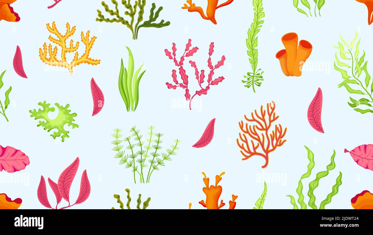 Seaweed cartoon texture. Ocean plants background, algae seamless