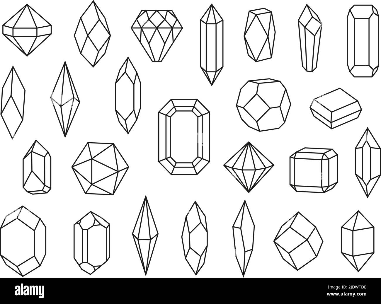 Line crystal set. Drawing jewel mineral structure, crystals and gemstone. Geometric diamond