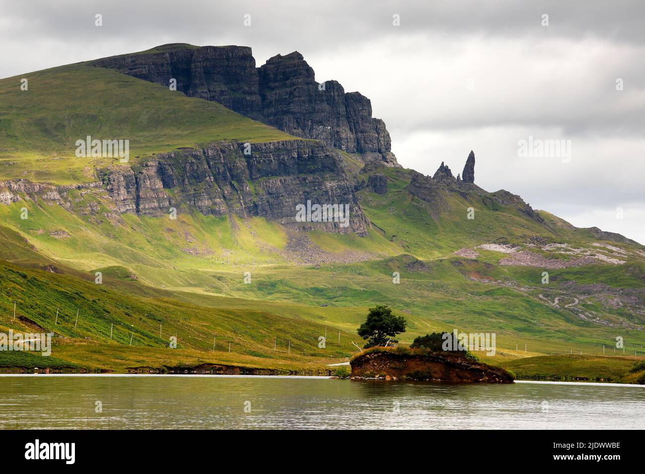The Old Man of Storr and Loch Leathan on Isle of Skye in Scotland Stock Photo